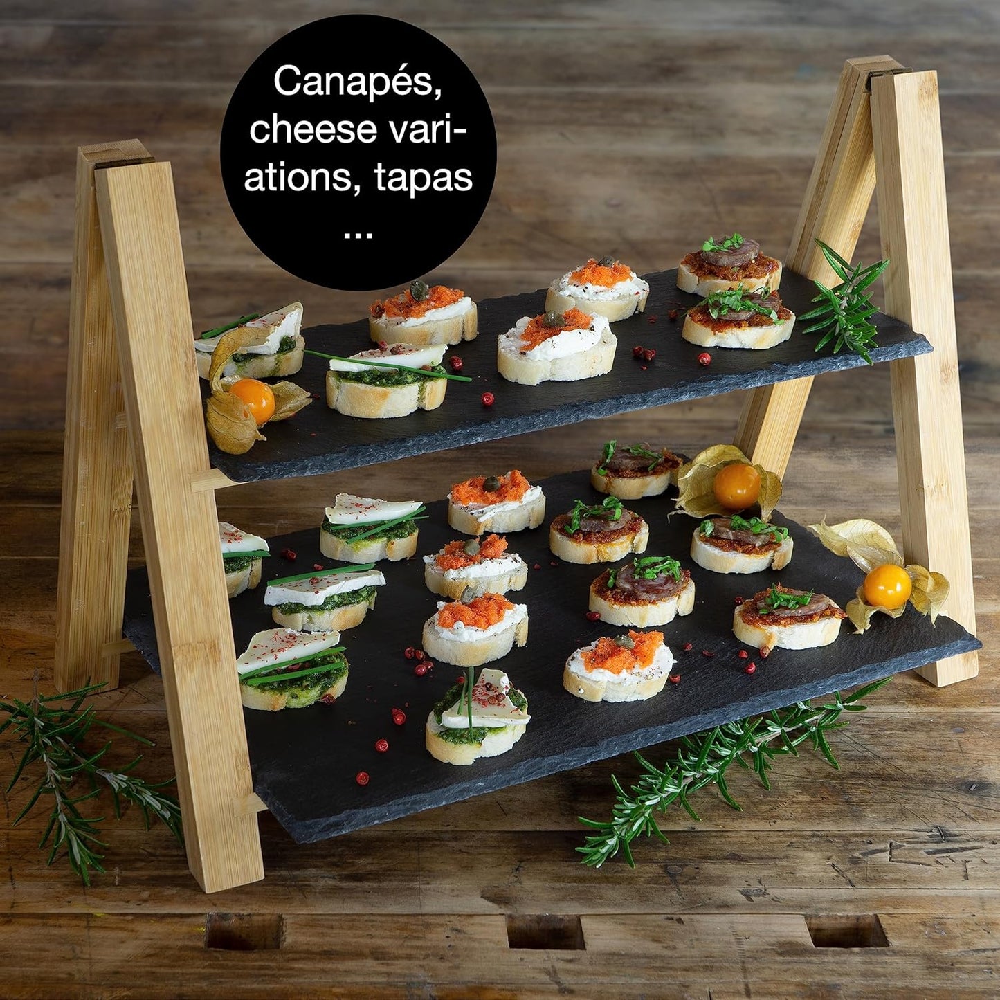 2-Tier Bamboo Cake Stand with Slate Plates – Foldable Dessert Display Tray