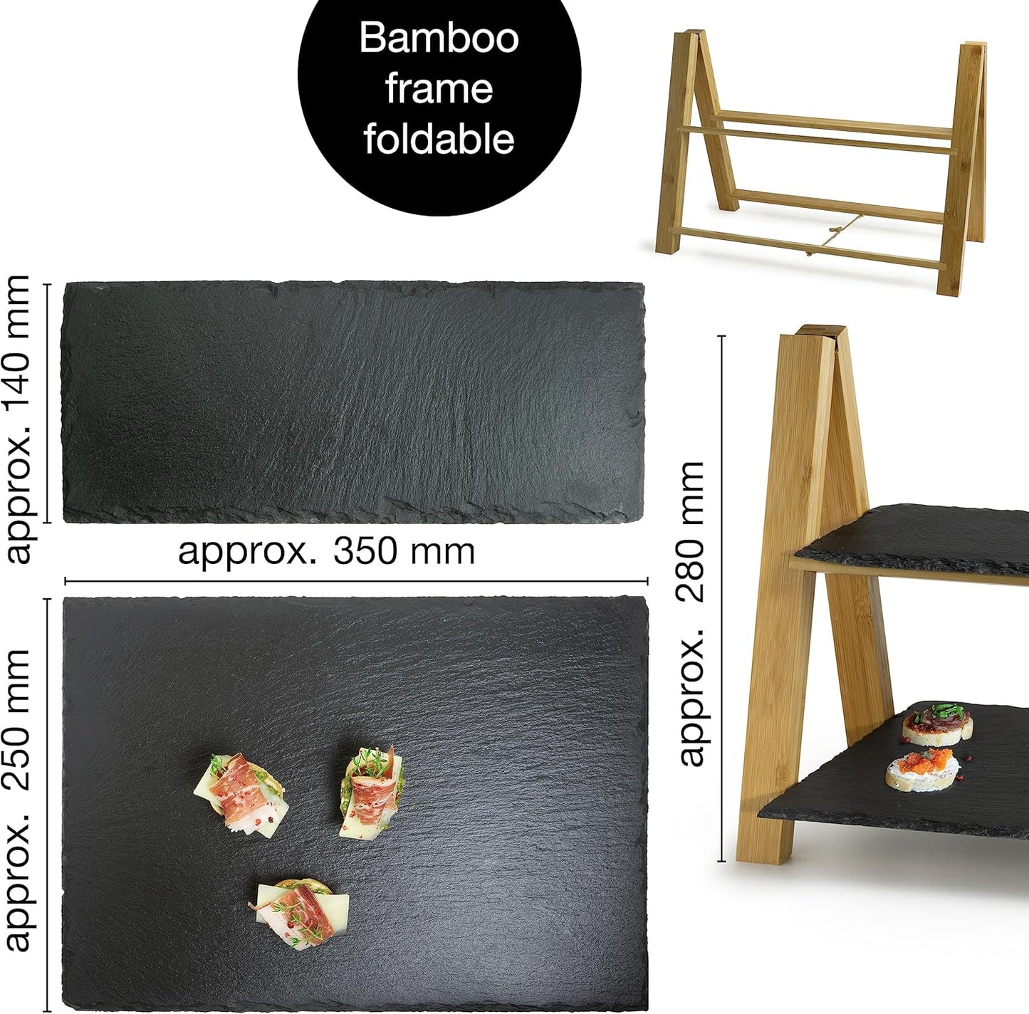 2-Tier Bamboo Cake Stand with Slate Plates – Foldable Dessert Display Tray