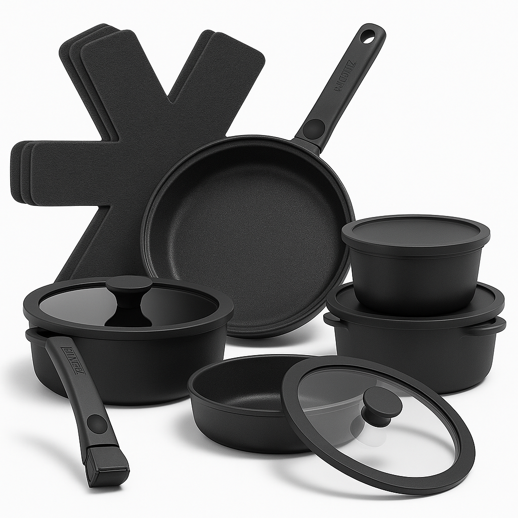 15-Piece Cast Aluminum Pot and Pan Set – Nonstick Cookware with Lids & Utensils