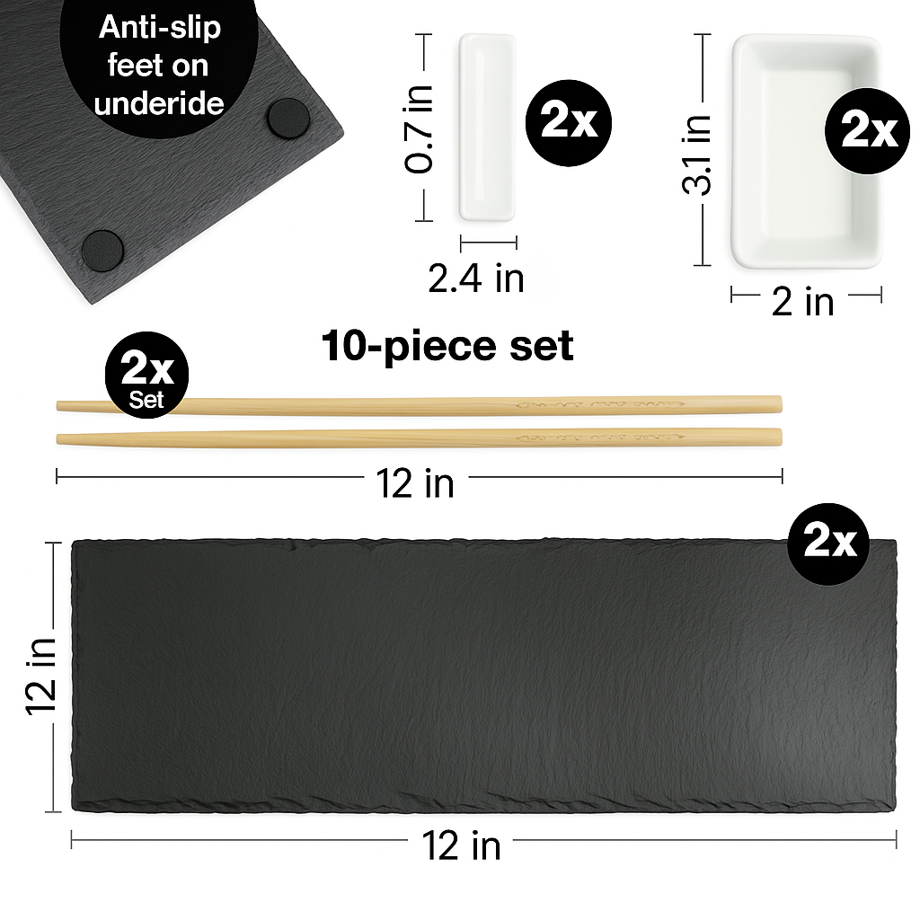 Sushi Serving Set 10-Piece | Plates, Bowls & Chopsticks | Elegant Japanese Dining