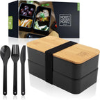 Premium Bento Box for Adults Black – 2-Tier 46 oz Lunch Container Box with Bamboo Lid