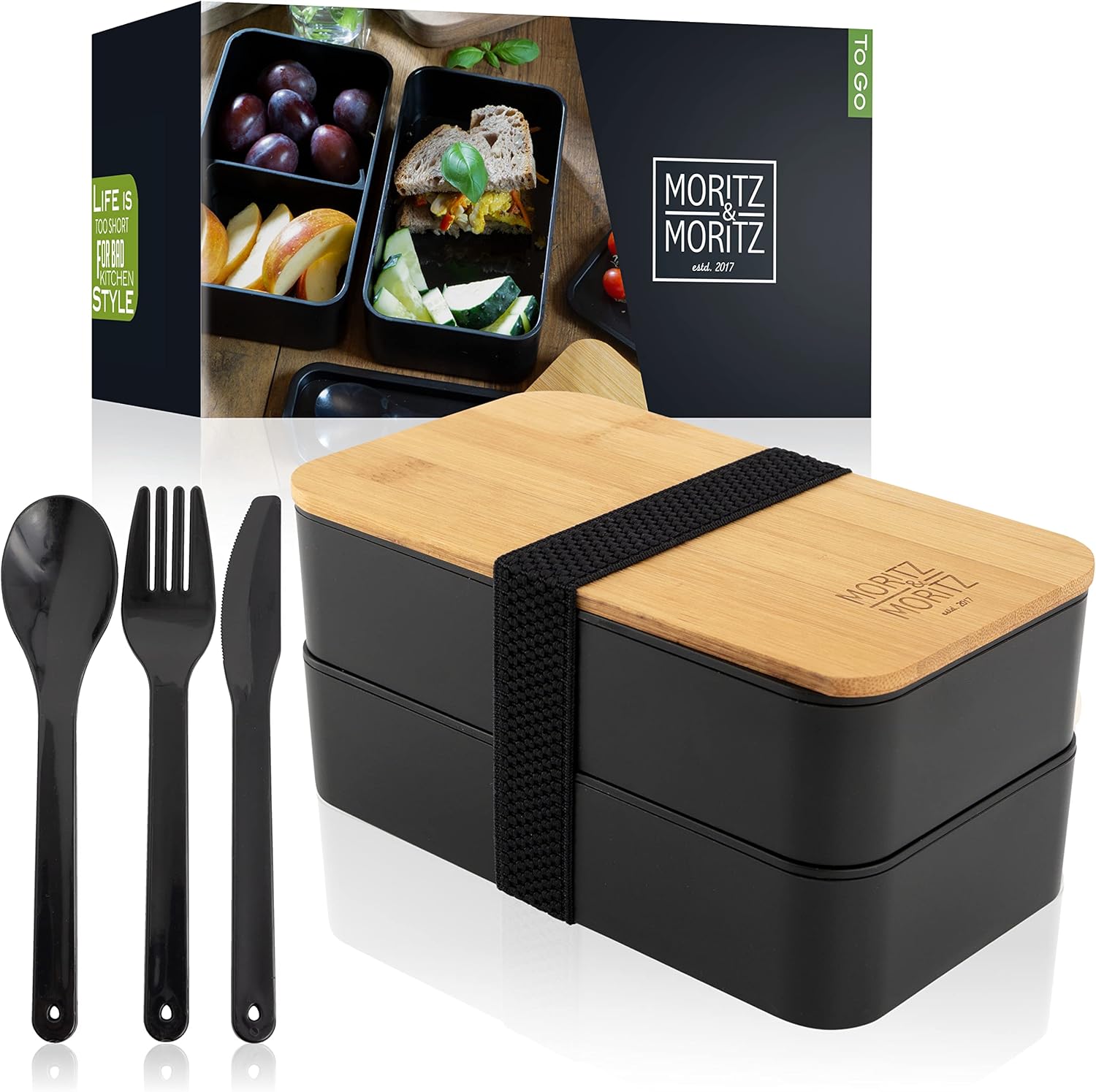 Premium Bento Box for Adults Black – 2-Tier 46 oz Lunch Container Box with Bamboo Lid