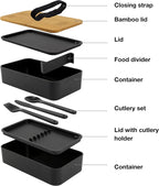 Premium Bento Box for Adults Black – 2-Tier 46 oz Lunch Container Box with Bamboo Lid