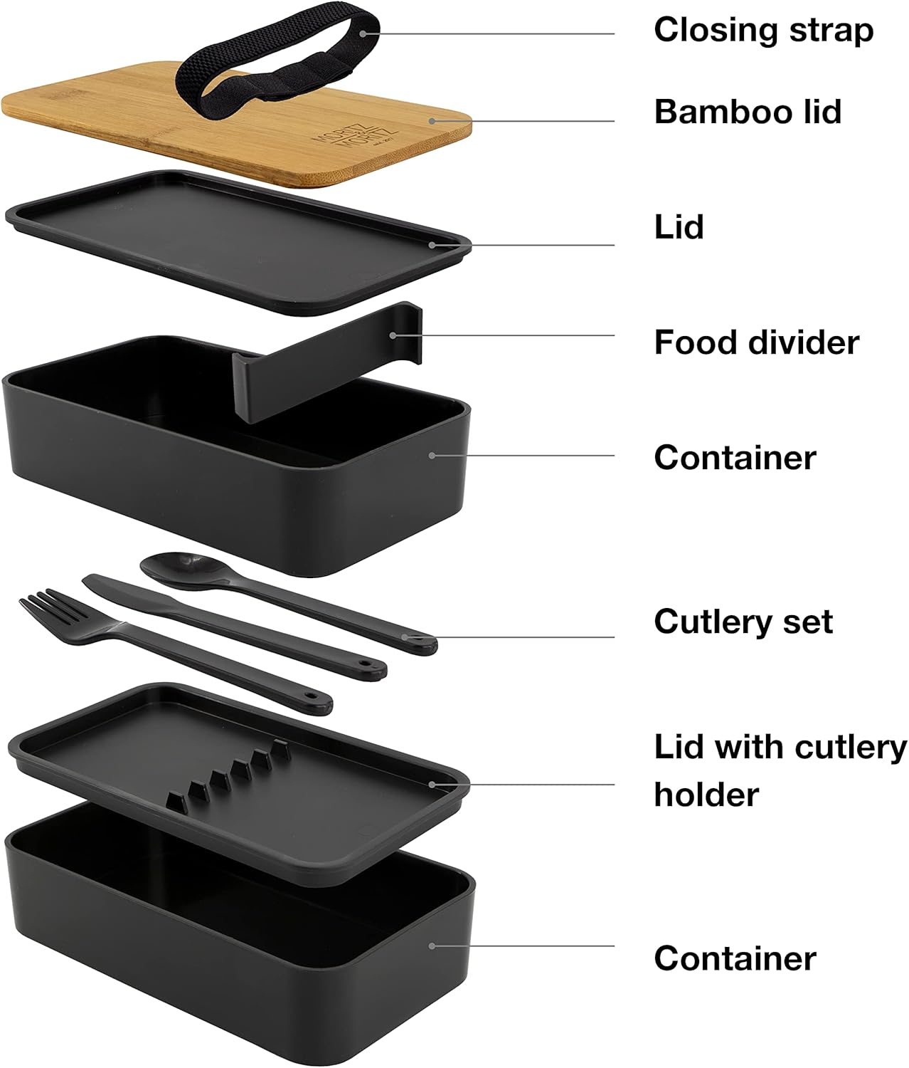 Premium Bento Box for Adults Black – 2-Tier 46 oz Lunch Container Box with Bamboo Lid