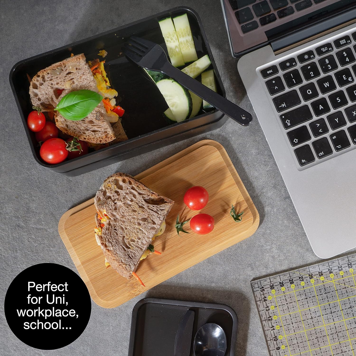 Premium Bento Box for Adults Black – 2-Tier 46 oz Lunch Container Box with Bamboo Lid