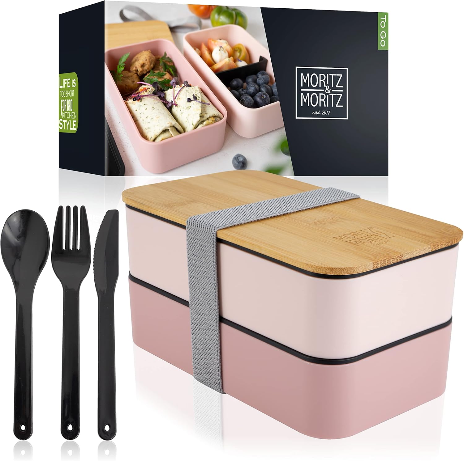Premium Bento Box for Adults Black – 2-Tier 46 oz Lunch Container Box with Bamboo Lid