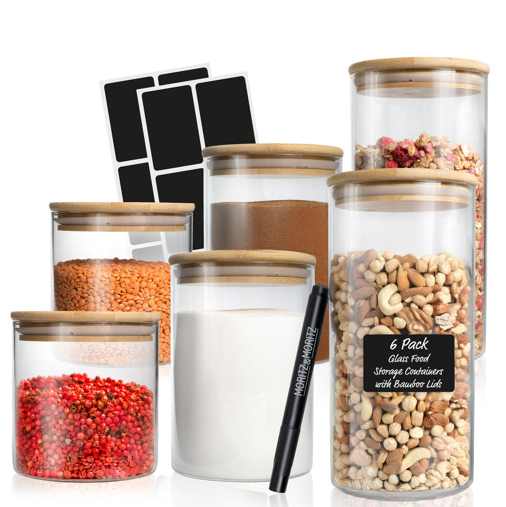 6 Glass Storage Jars with Lids | Includes Chalkboard Stickers & Chalk Pen