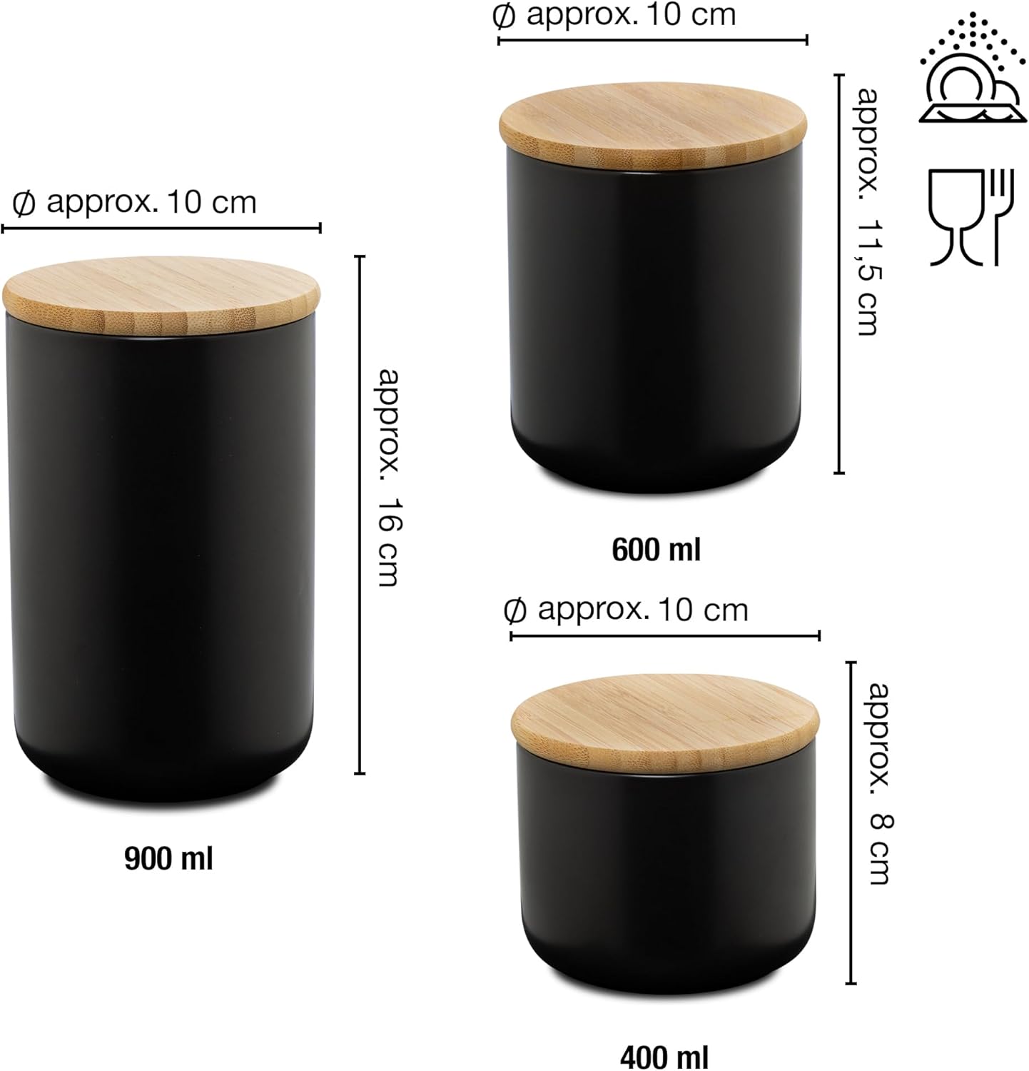 Set of 3 Ceramic Storage Jars 400–900ml – Black with Writable Surface & Lids