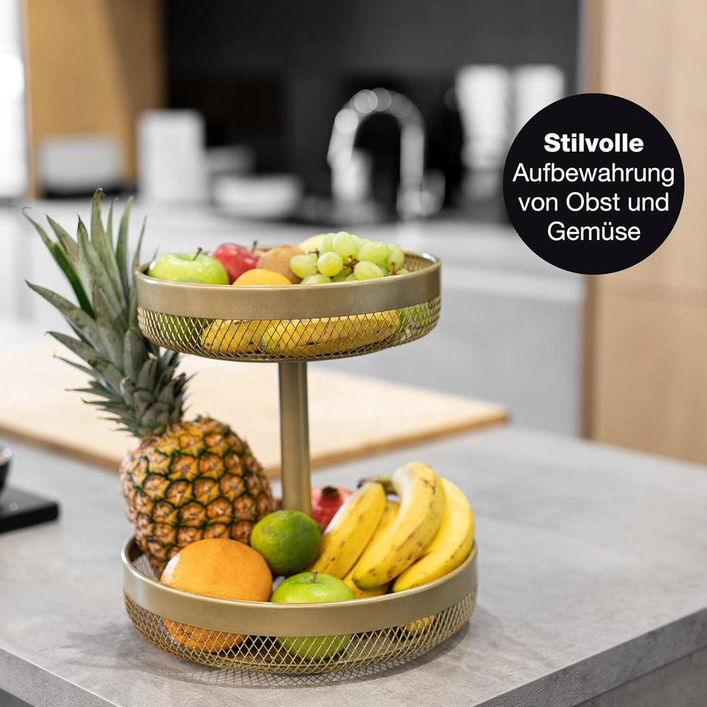 Gold Metal Fruit Bowl with Citrus Peeler – Two-Tier Cake Stand & Kitchen Decor