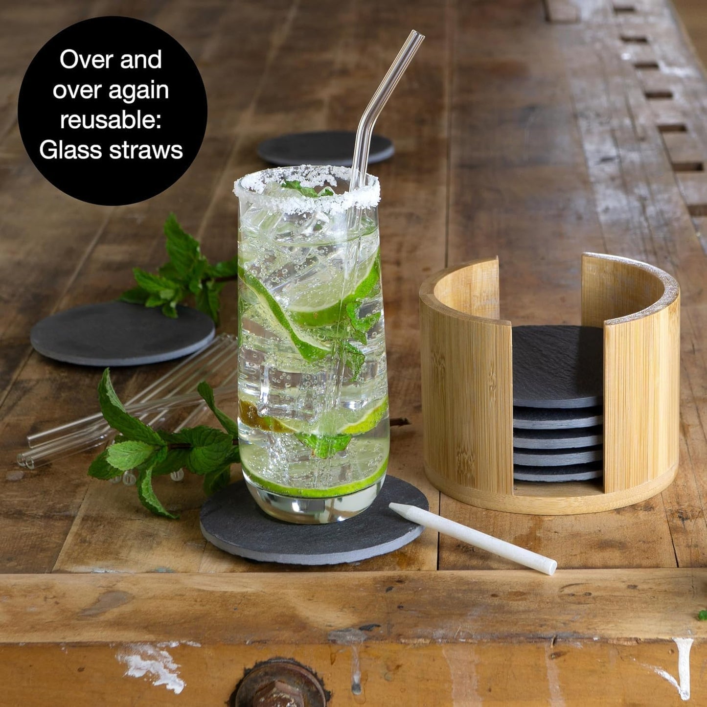 8-Piece Natural Slate Coaster Set with Bamboo Holder & Glass Straws – Includes Chalk Pen & Brush