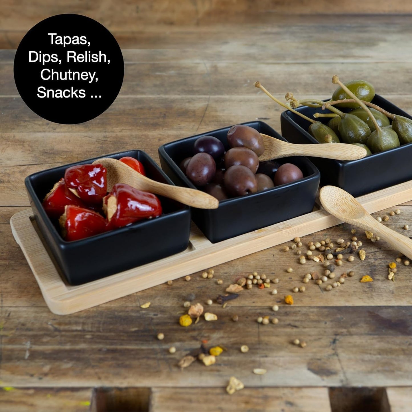 7-Piece Bamboo Serving Set with Ceramic Bowls & Spoons – Snack & Dip Platter