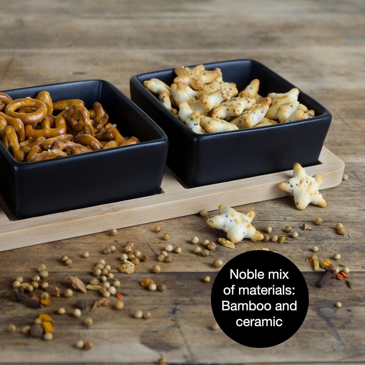 7-Piece Bamboo Serving Set with Ceramic Bowls & Spoons – Snack & Dip Platter