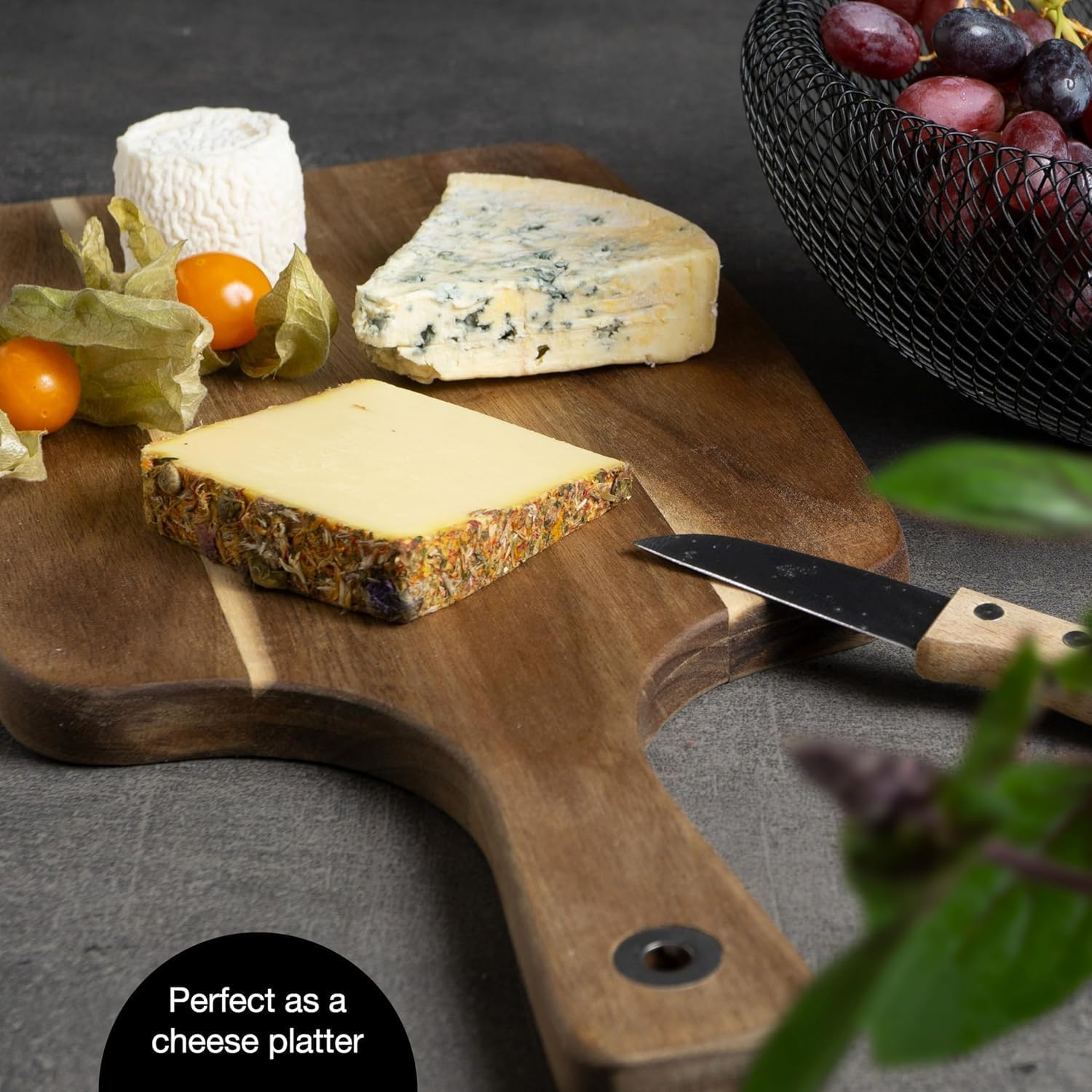 Acacia Wood Serving Board 18x9 Inch – Charcuterie, Cheese & Cutting Board with Handle