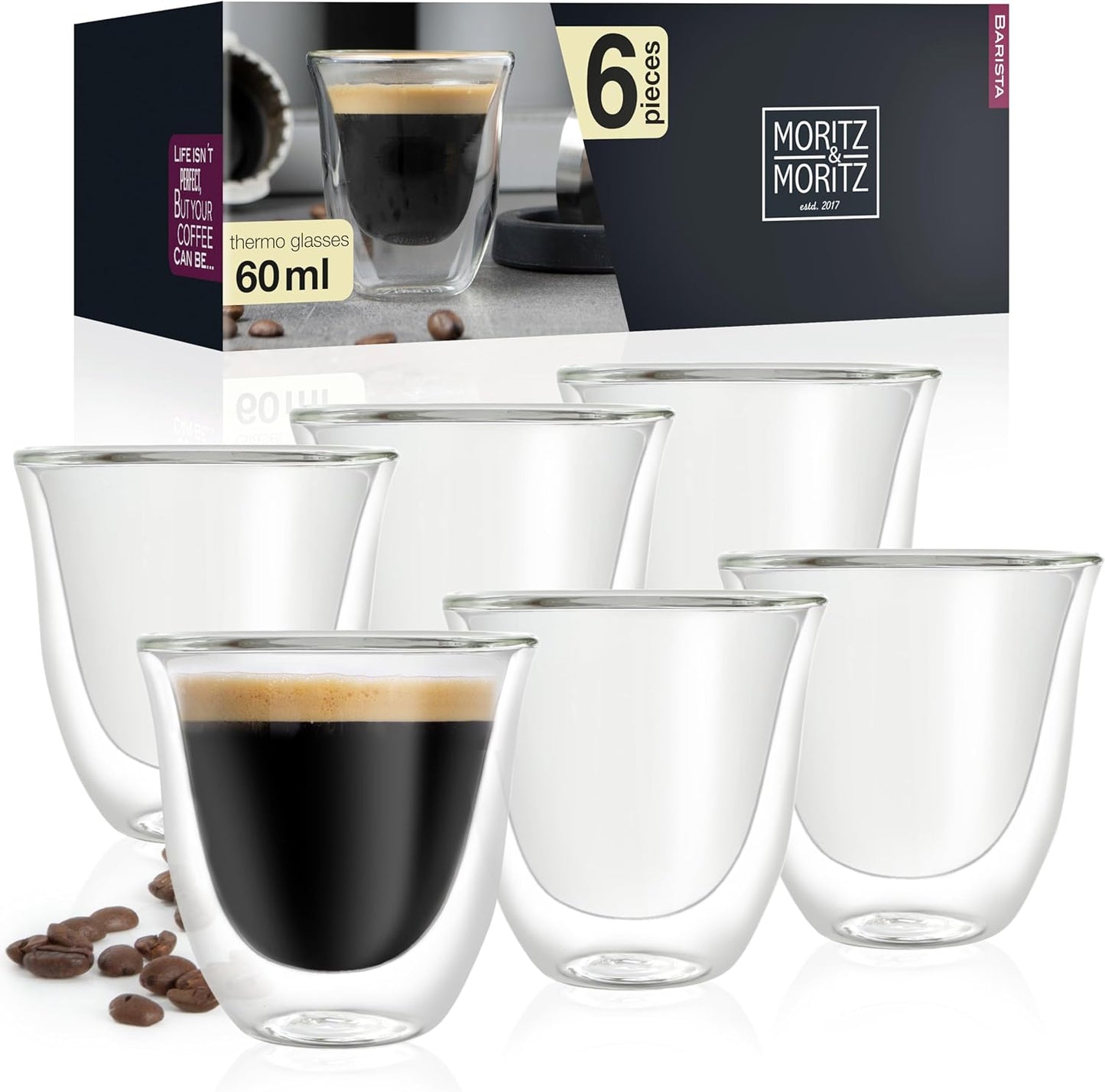 Double Wall Espresso Cups 2.5oz Set of 6 – Insulated Glass Mugs