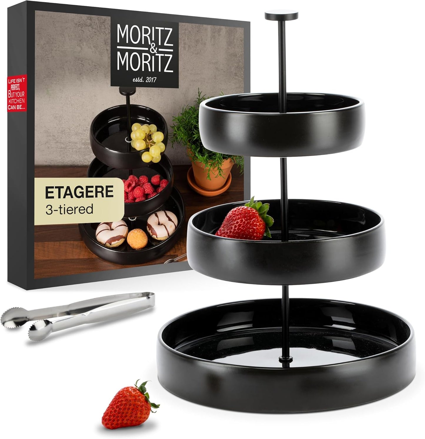 3-Tier Black Stoneware Cake Stand with Tongs – Elegant Dessert Display