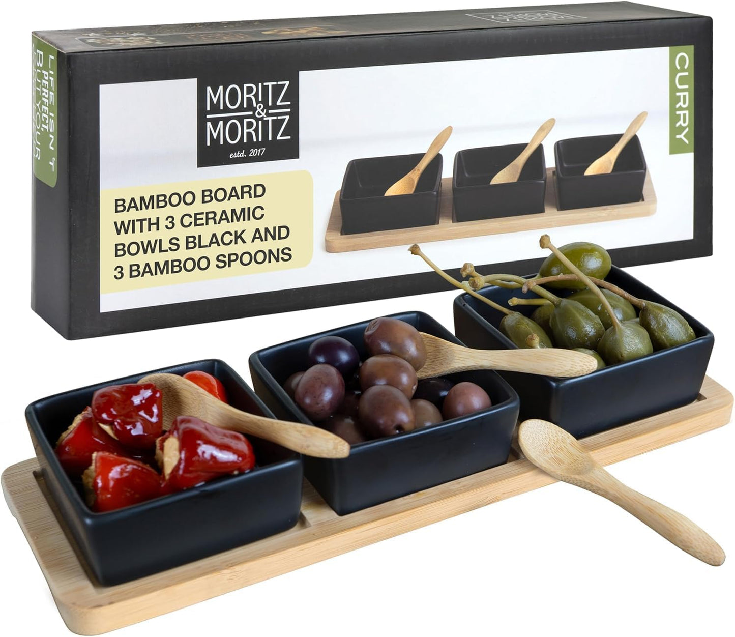 7-Piece Bamboo Serving Set with Ceramic Bowls & Spoons – Snack & Dip Platter