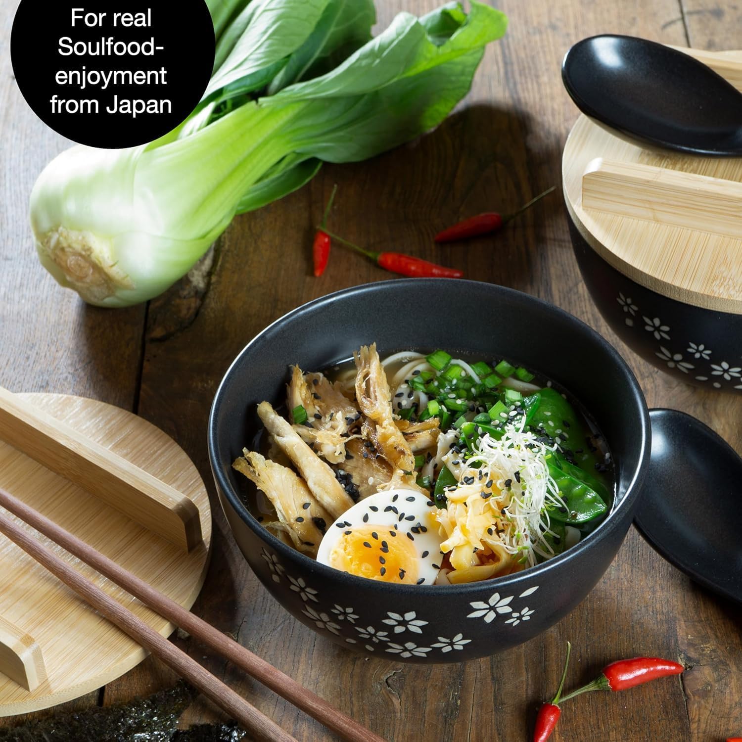 Ceramic Ramen Bowl Set with Lids, Spoons & Chopsticks – Asian Dinnerware