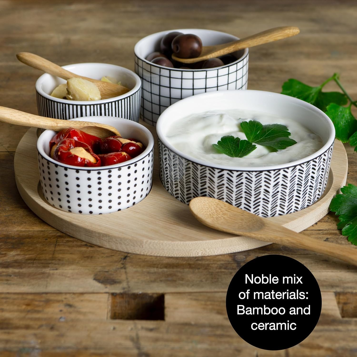 Bamboo Serving Platter with Ceramic Bowls & Spoons