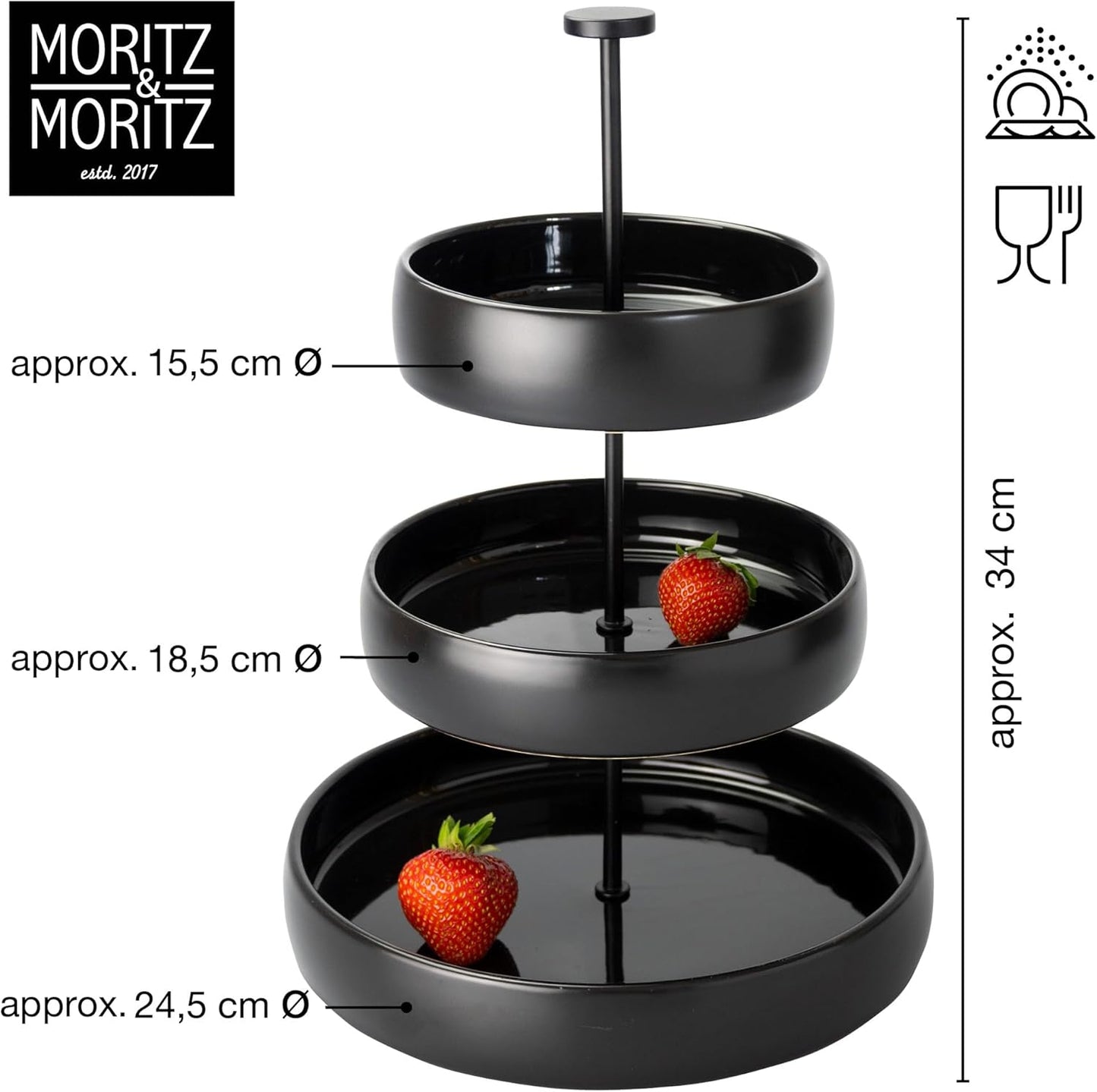 3-Tier Black Stoneware Cake Stand with Tongs – Elegant Dessert Display