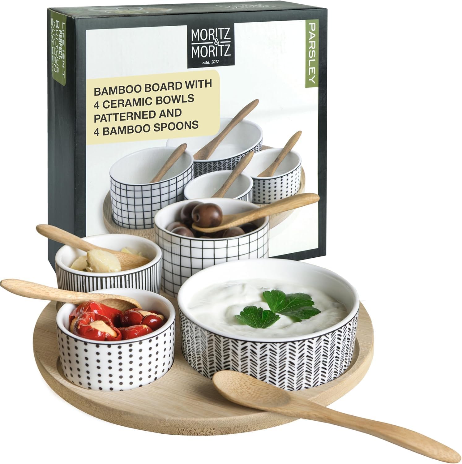 Bamboo Serving Platter with Ceramic Bowls & Spoons