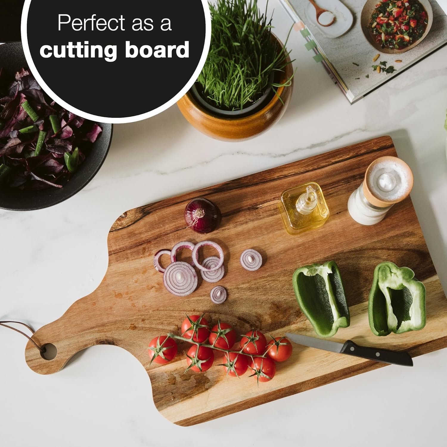 Large Acacia Wood Serving Board with Handle | 23"x13" Charcuterie & Cutting Board