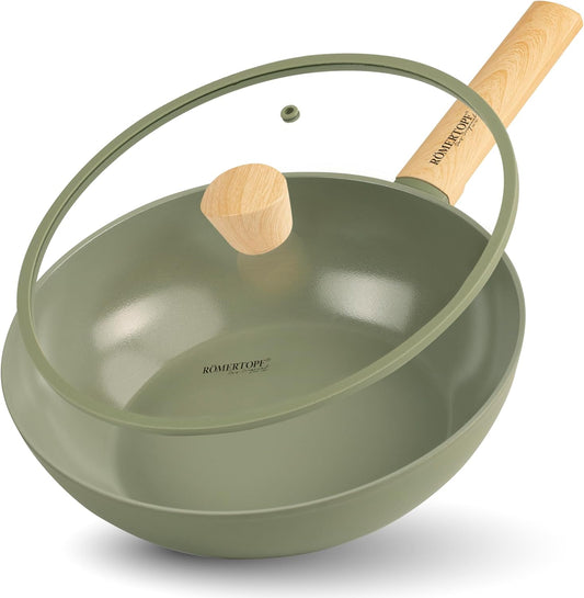 11" Ceramic Non Stick Wok with Lid – Induction Compatible, Flat Bottom, Large