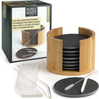 8-Piece Natural Slate Coaster Set with Bamboo Holder & Glass Straws – Includes Chalk Pen & Brush