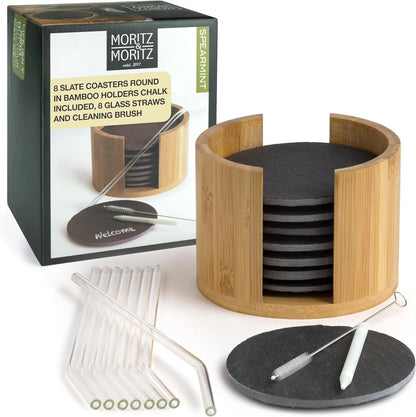 8-Piece Natural Slate Coaster Set with Bamboo Holder & Glass Straws – Includes Chalk Pen & Brush