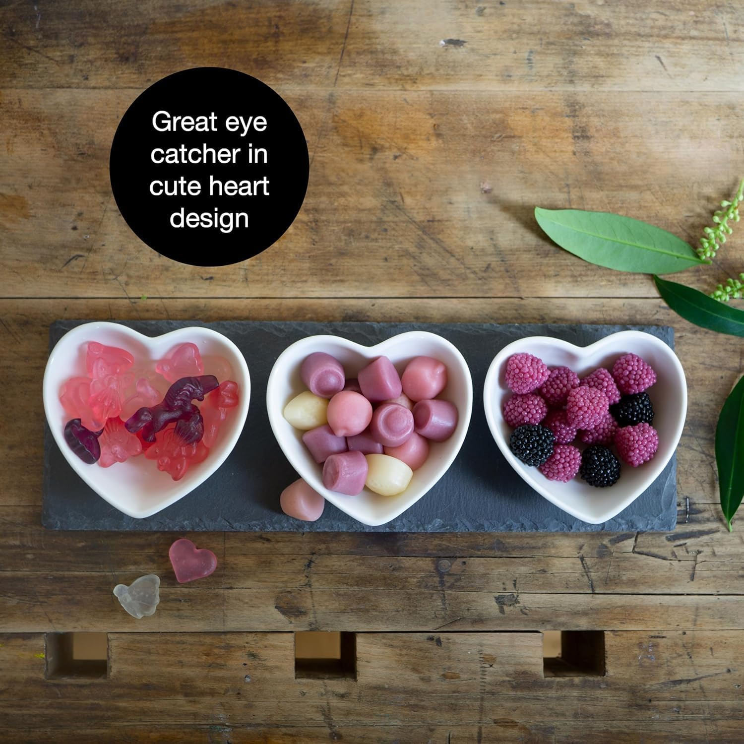 Heart-Shaped Slate Serving Set with Ceramic Bowls & Bamboo Spoons