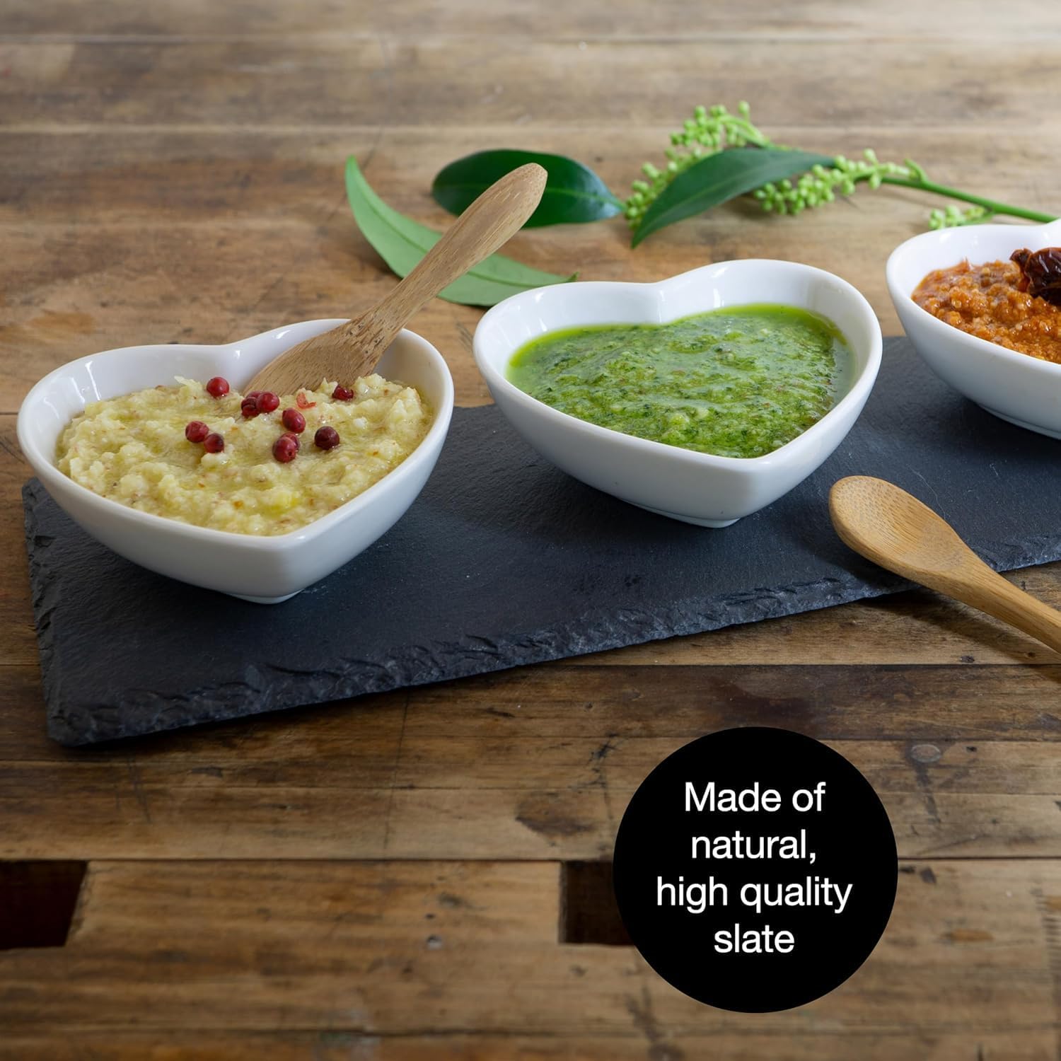 Heart-Shaped Slate Serving Set with Ceramic Bowls & Bamboo Spoons