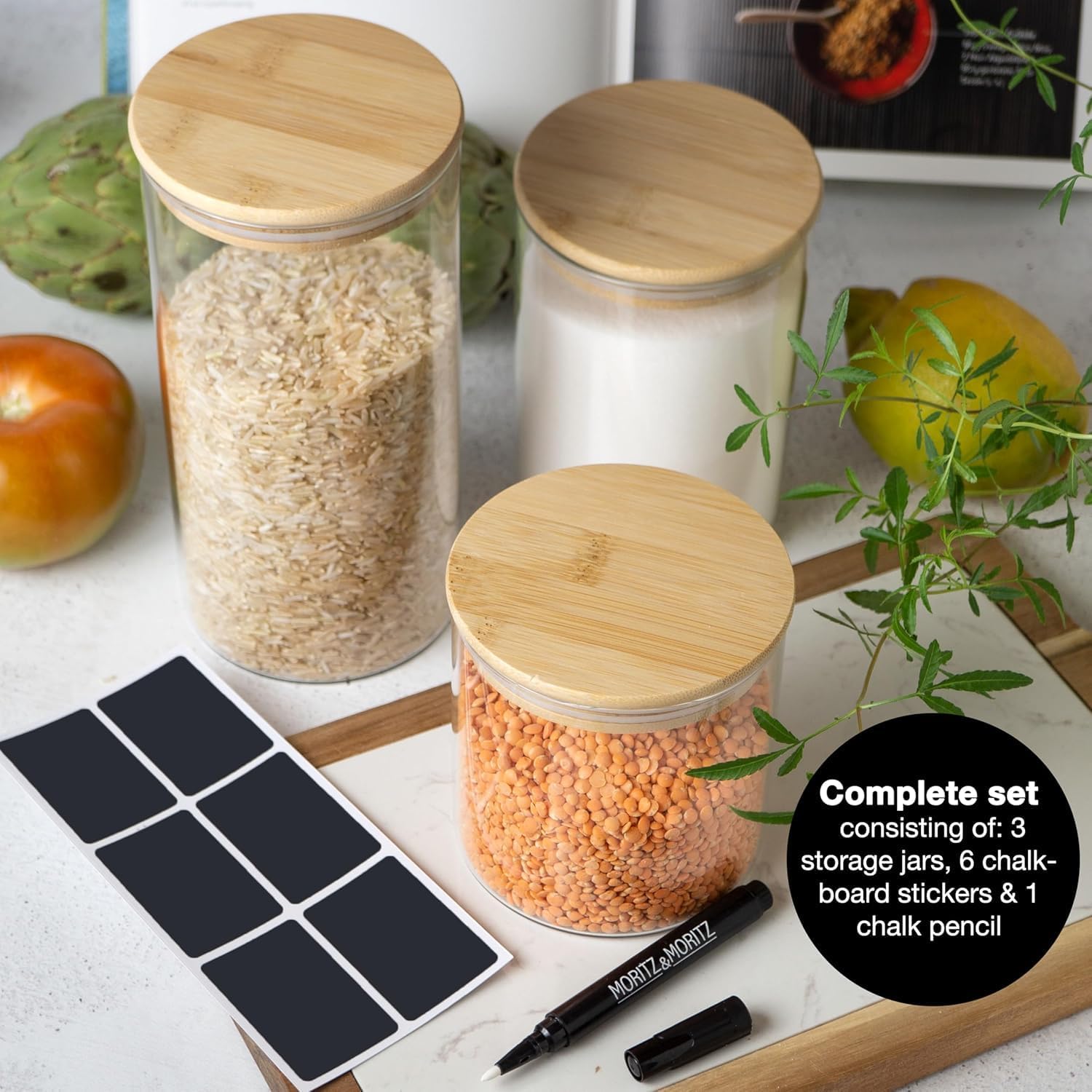 6 Glass Storage Jars with Lids | Includes Chalkboard Stickers & Chalk Pen