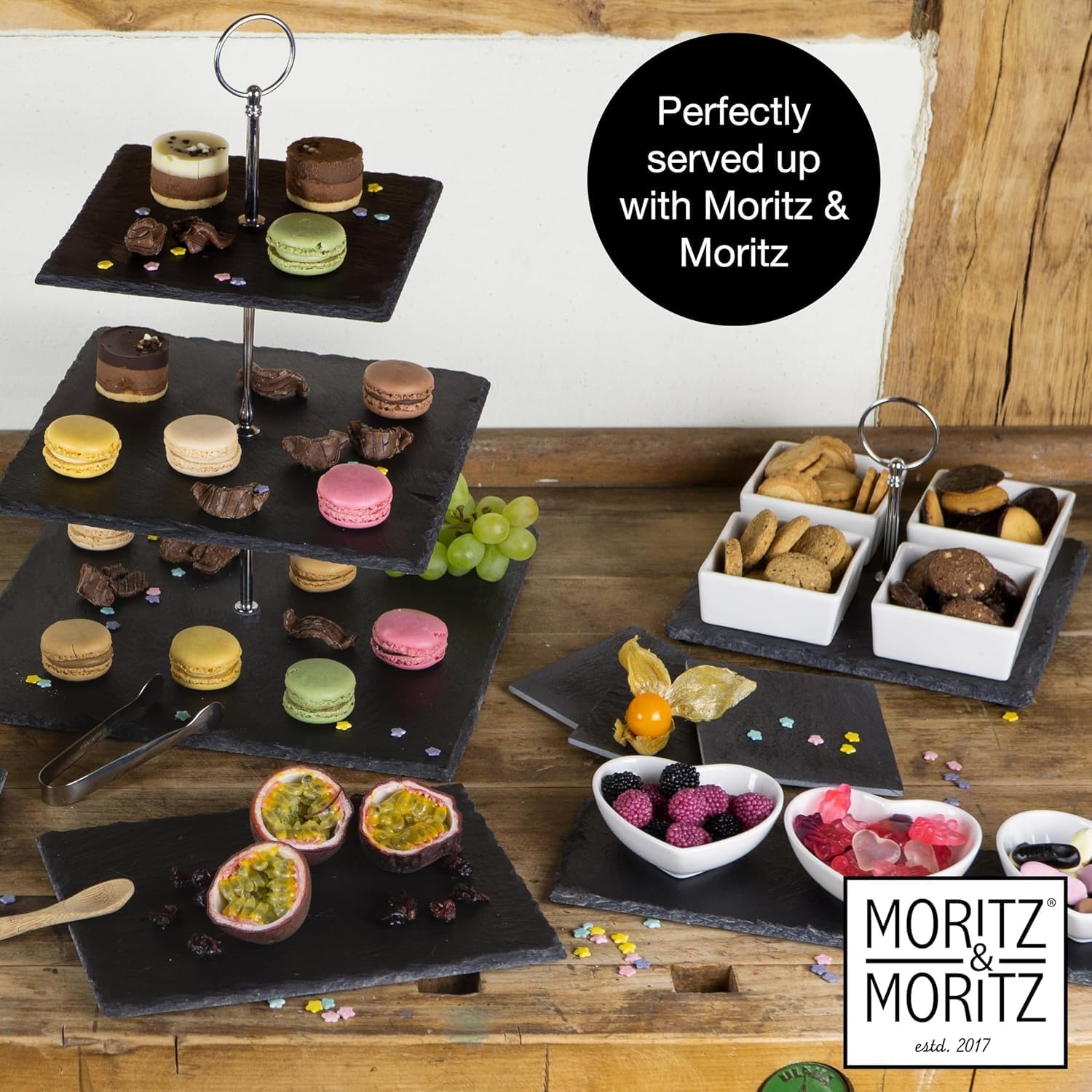 Heart-Shaped Slate Serving Set with Ceramic Bowls & Bamboo Spoons