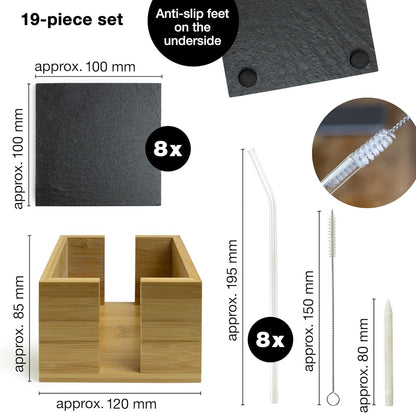 19-Piece Slate Coaster Set – Square & Round Coasters with Glass Straws, Bamboo Holder, Chalk Pen & Brush