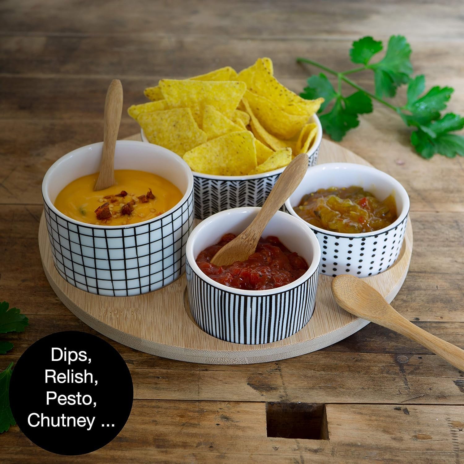 Bamboo Serving Platter with Ceramic Bowls & Spoons