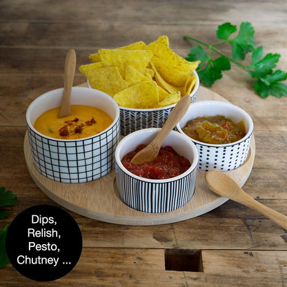 Bamboo Serving Platter with Ceramic Bowls & Spoons – Elegant Snack & Dip Set for Entertaining