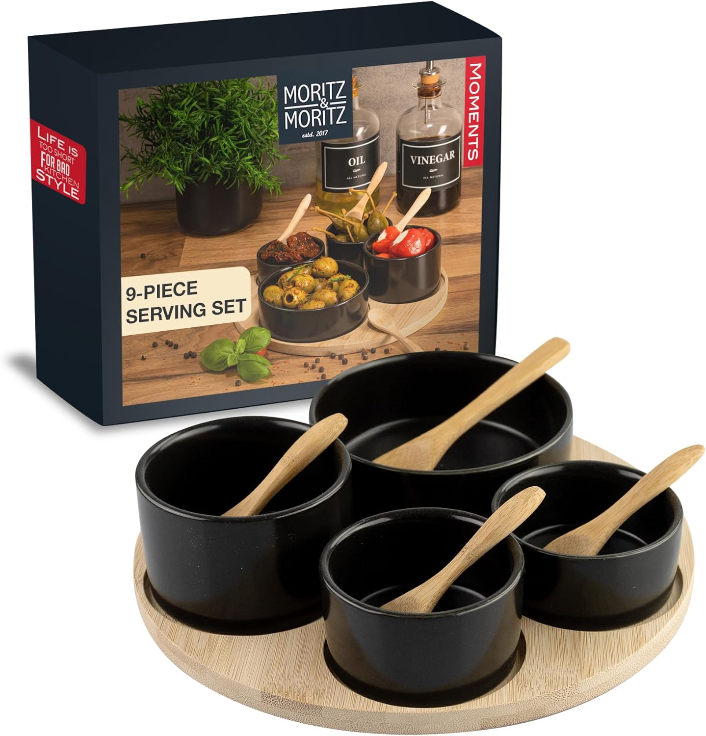 9-Piece Black Serving Bowl Set with Spoon & Board