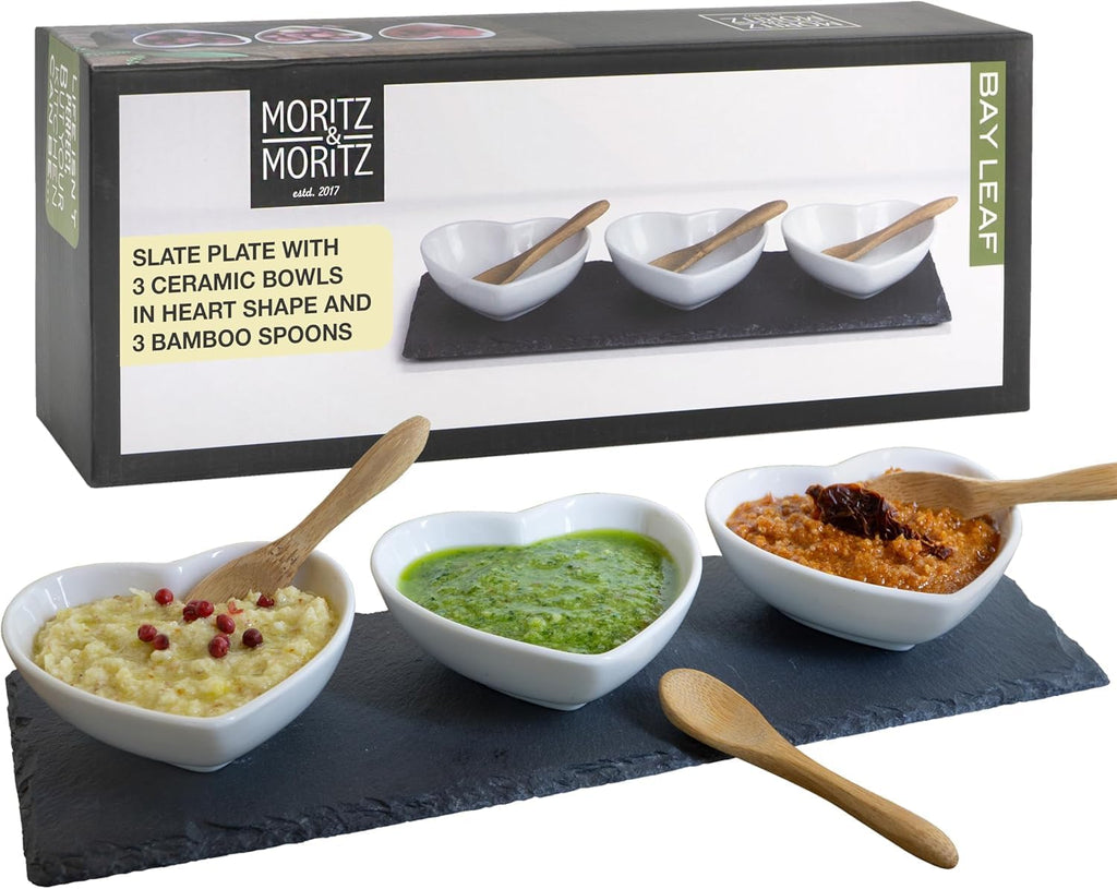 Heart-Shaped Slate Serving Set with Ceramic Bowls & Bamboo Spoons