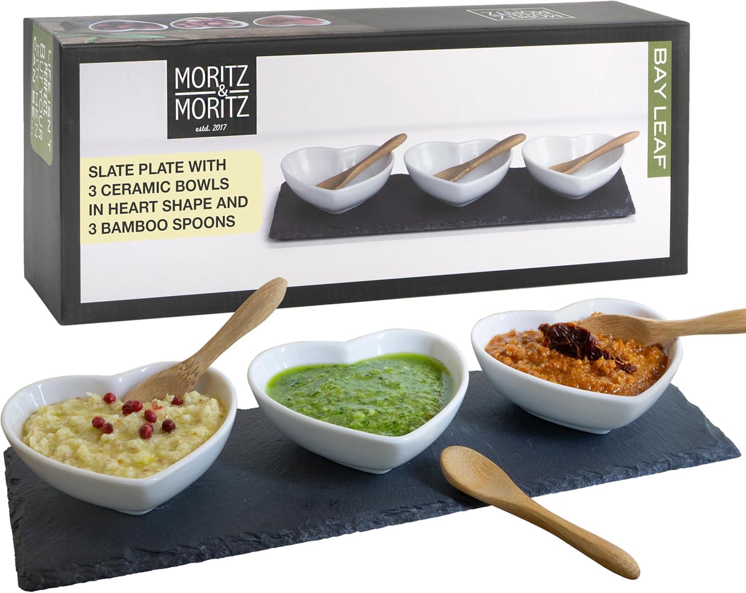 Heart-Shaped Slate Serving Set with Ceramic Bowls & Bamboo Spoons