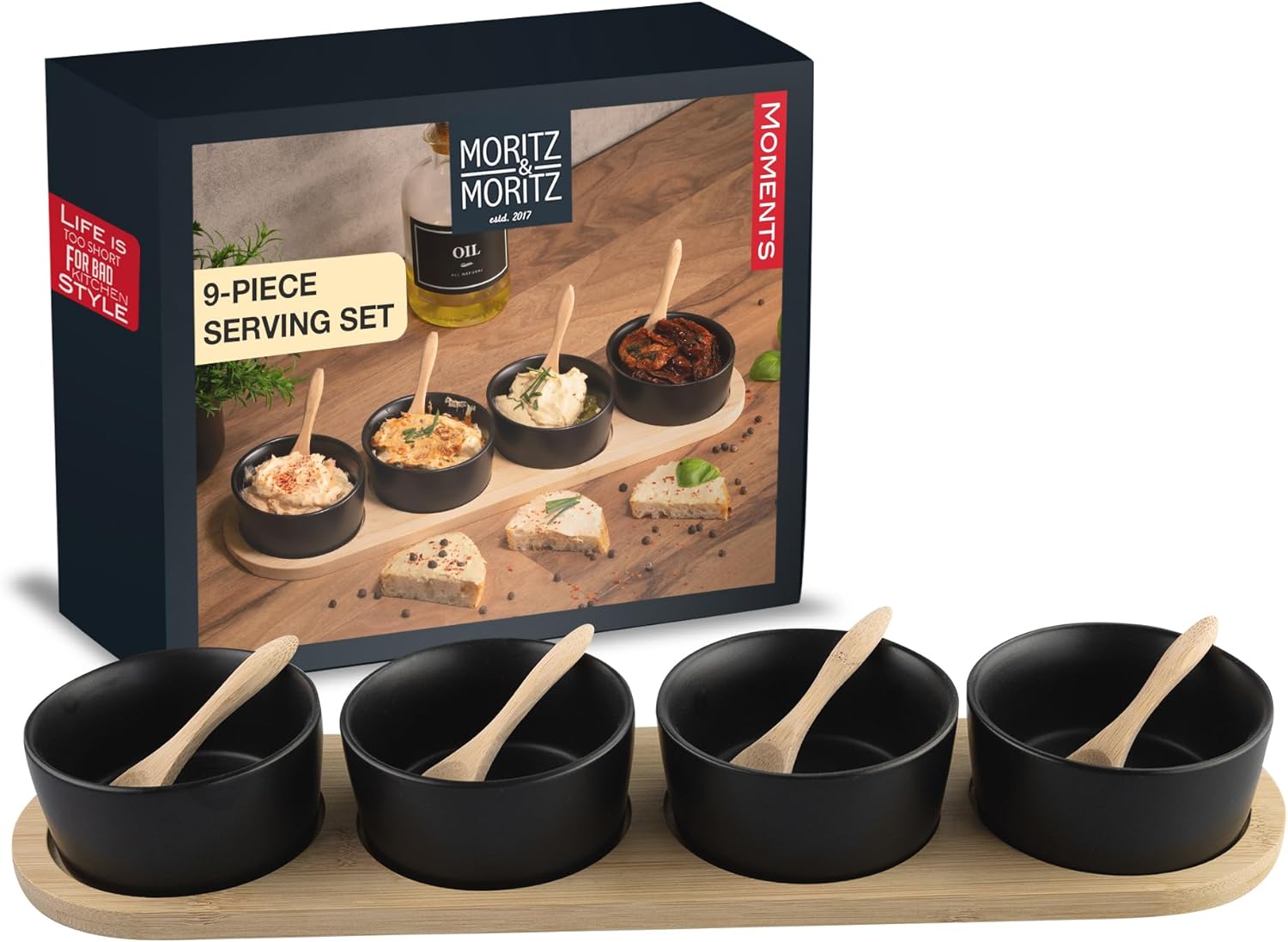 Black Serving Bowl Set with Spoon & Board