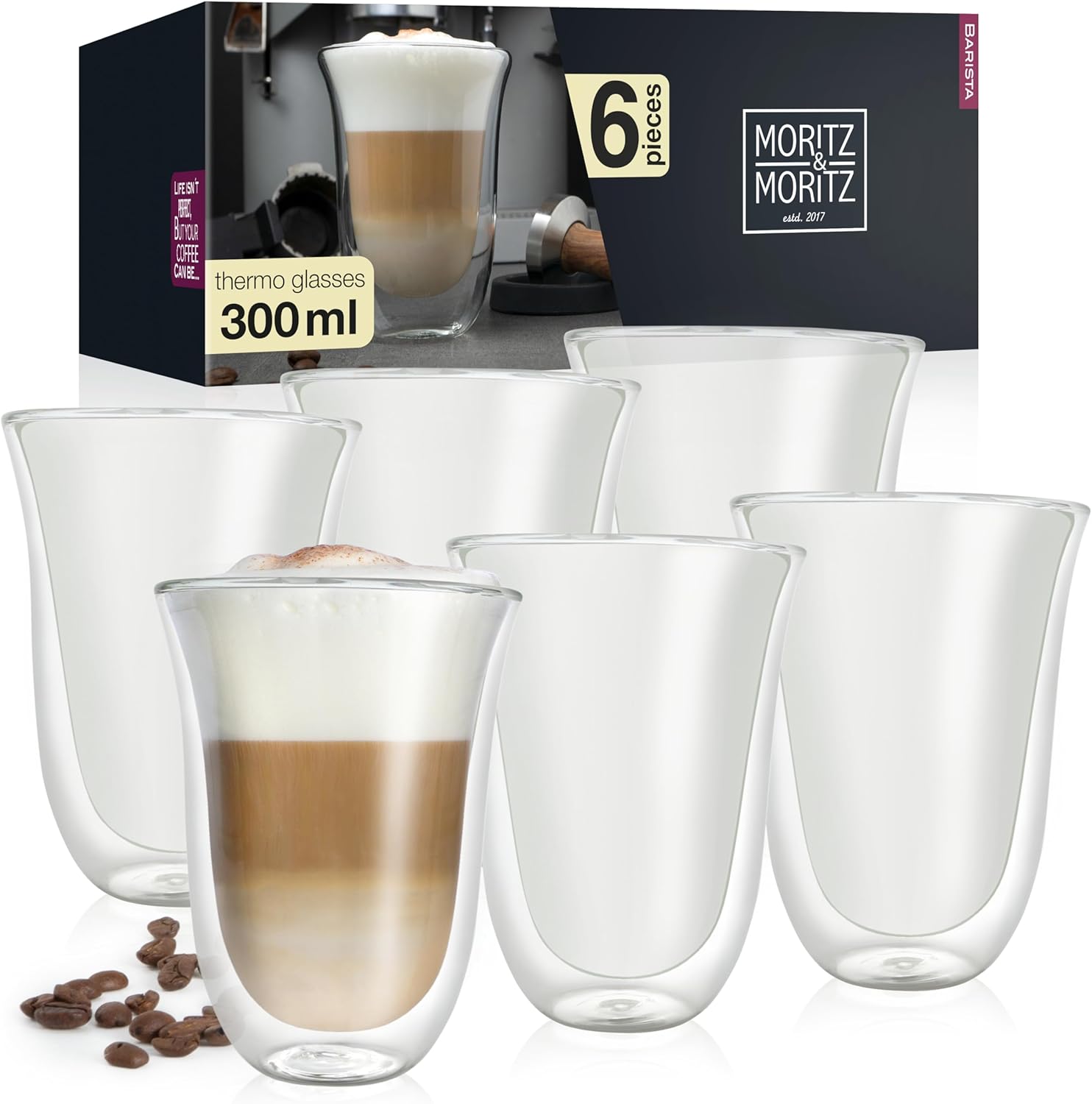 Set of 6 Double-Walled Coffee Glasses 300ml – Insulated Clear Cups, Heat Safe