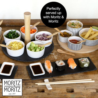 7-Piece Bamboo Serving Set with Ceramic Bowls & Spoons – Snack & Dip Platter