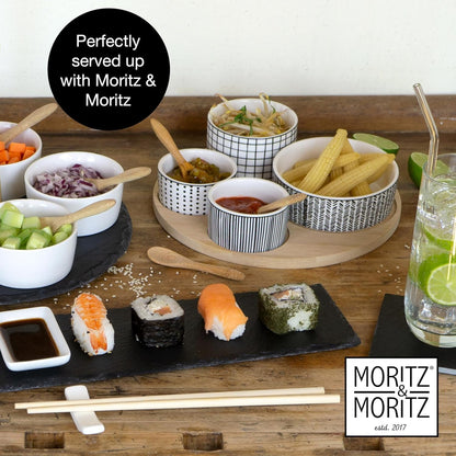 Bamboo Serving Platter with Ceramic Bowls & Spoons – Elegant Snack & Dip Set for Entertaining