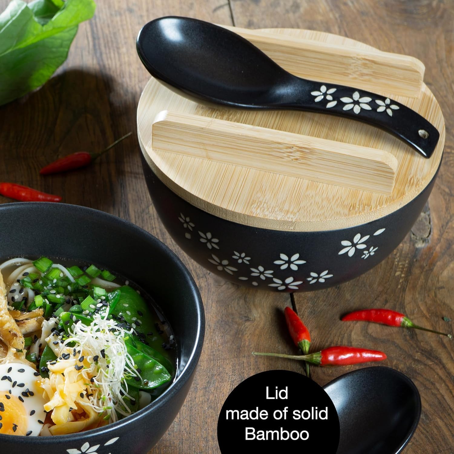 Ceramic Ramen Bowl Set with Lids, Spoons & Chopsticks – Asian Dinnerware