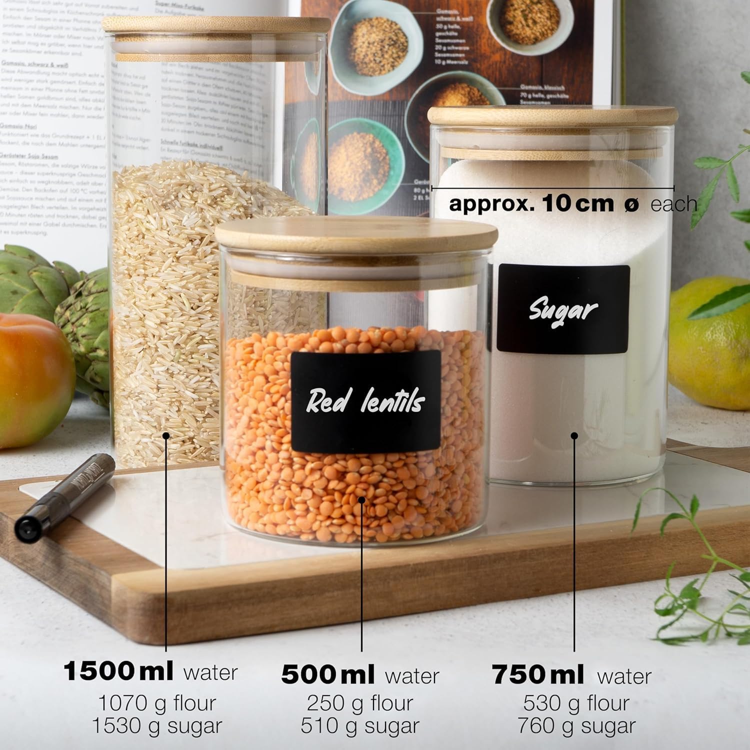 6 Glass Storage Jars with Lids | Includes Chalkboard Stickers & Chalk Pen