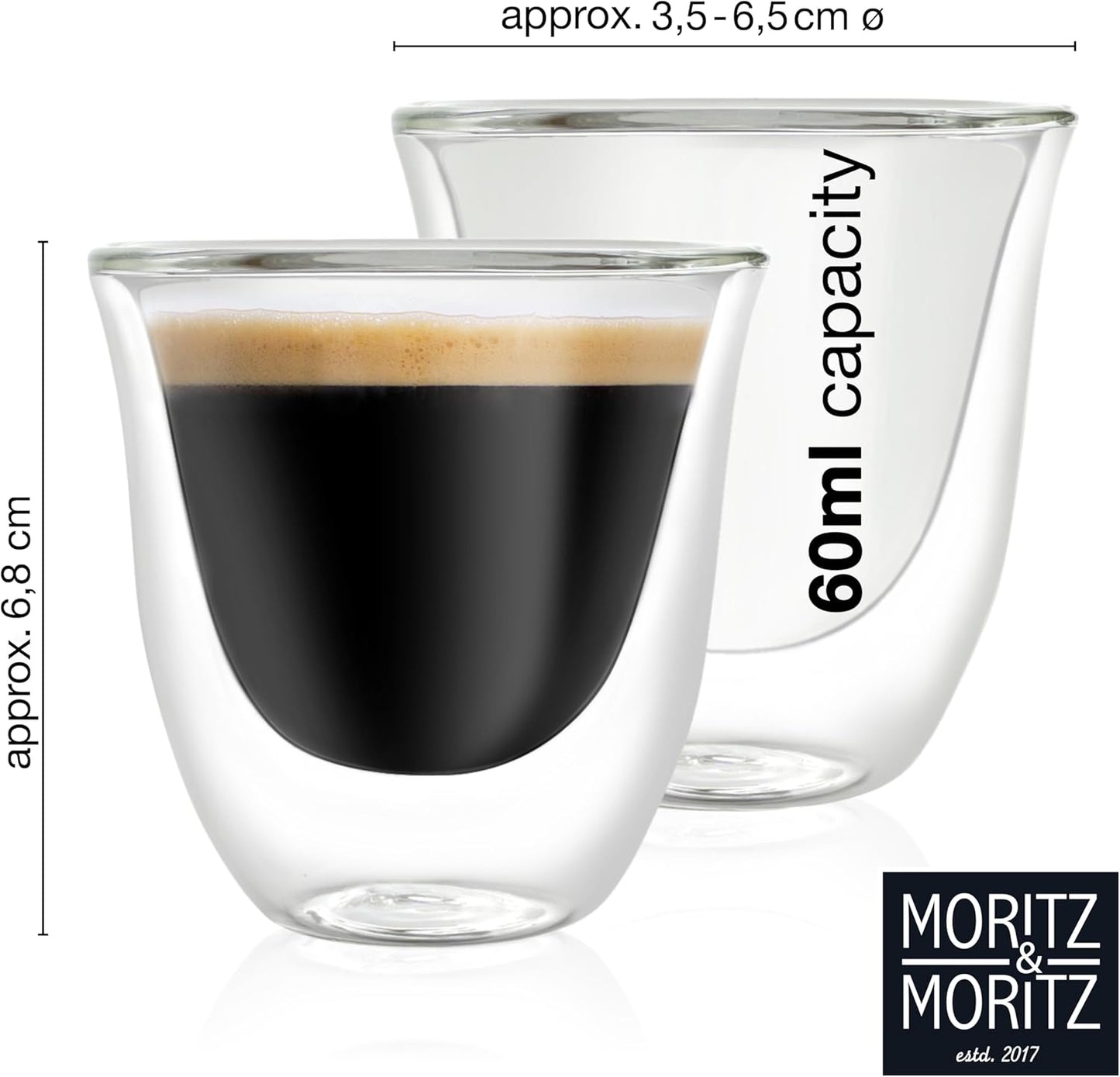 Double Wall Espresso Cups 2.5oz Set of 6 – Insulated Glass Mugs