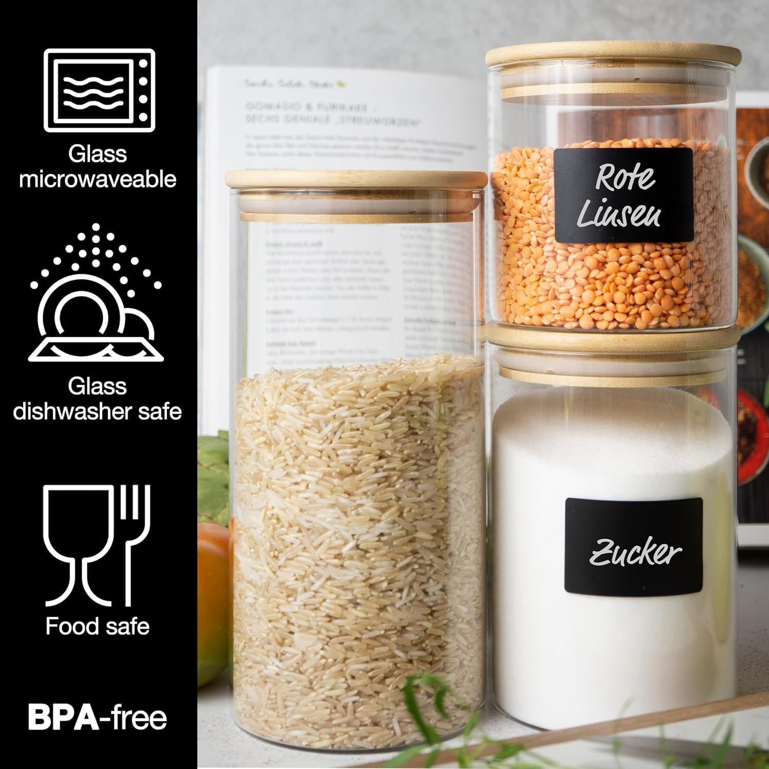 6 Glass Storage Jars with Lids | Includes Chalkboard Stickers & Chalk Pen