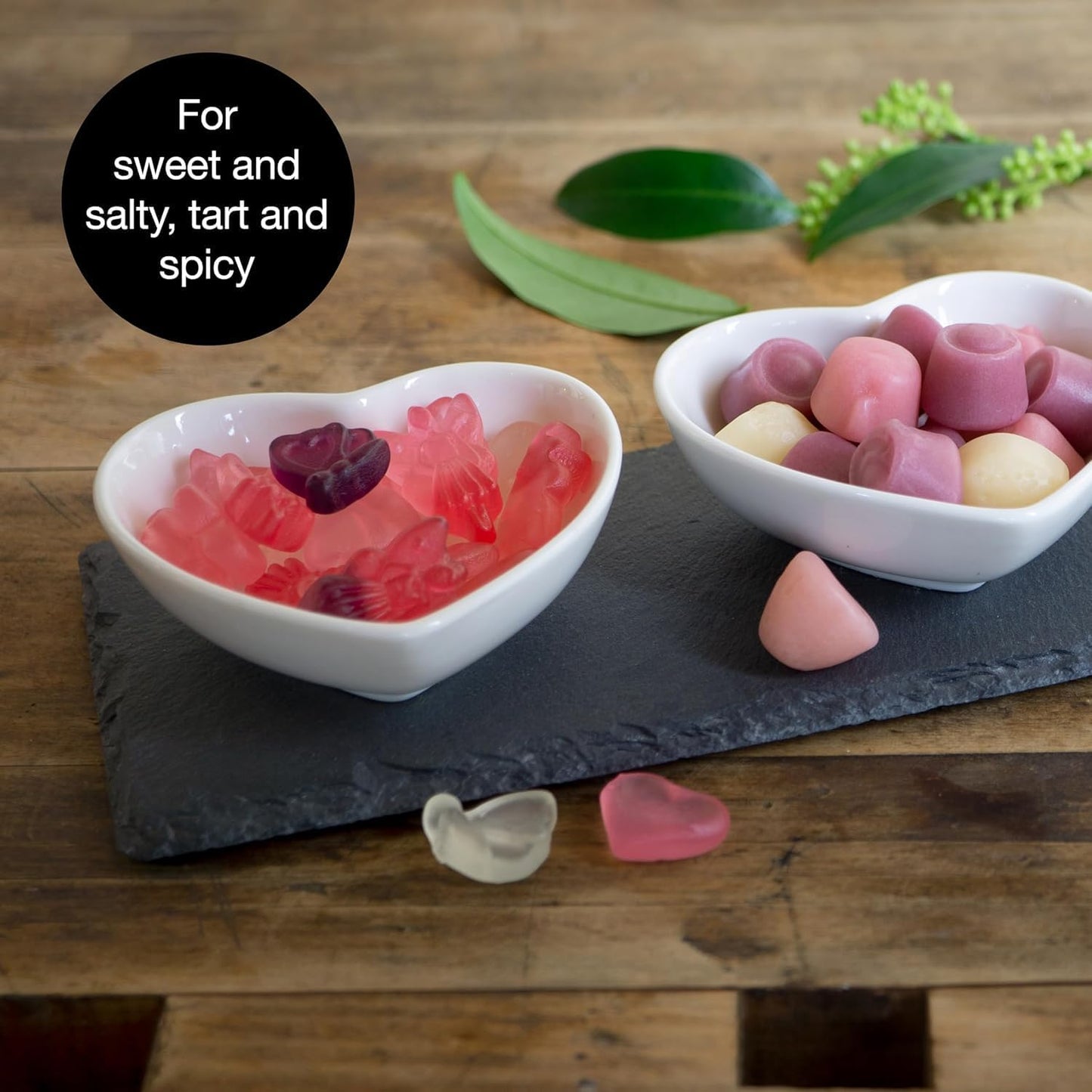 Heart-Shaped Slate Serving Set with Ceramic Bowls & Bamboo Spoons – Perfect for Dips & Appetizers