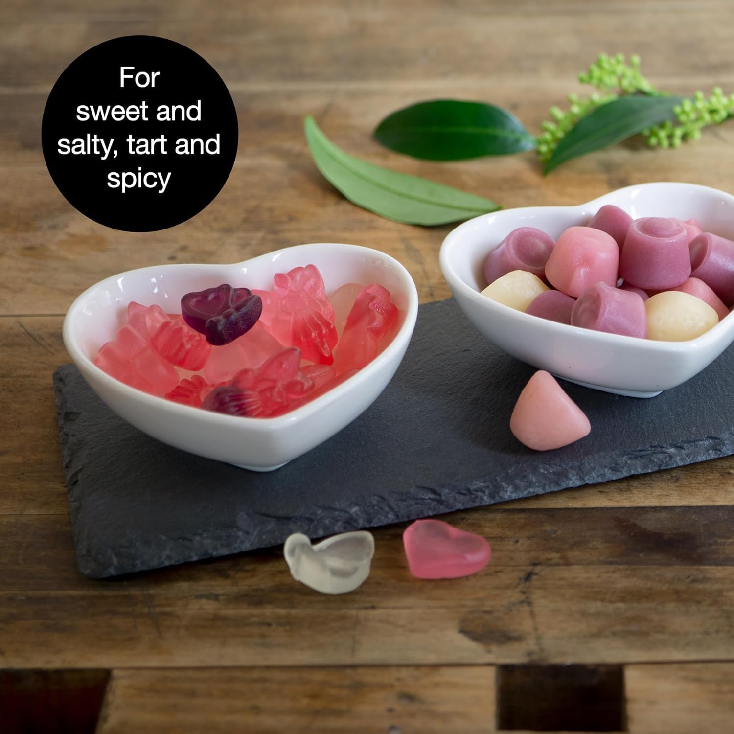 Heart-Shaped Slate Serving Set with Ceramic Bowls & Bamboo Spoons
