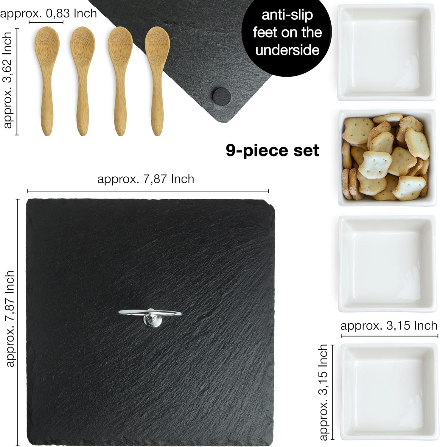 Slate Serving Platter Set with Ceramic Bowls & Bamboo Spoons