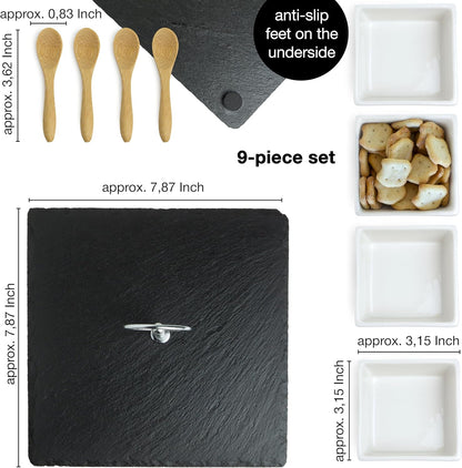 Slate Serving Platter Set with Ceramic Bowls & Bamboo Spoons – Snack & Appetizer Tray